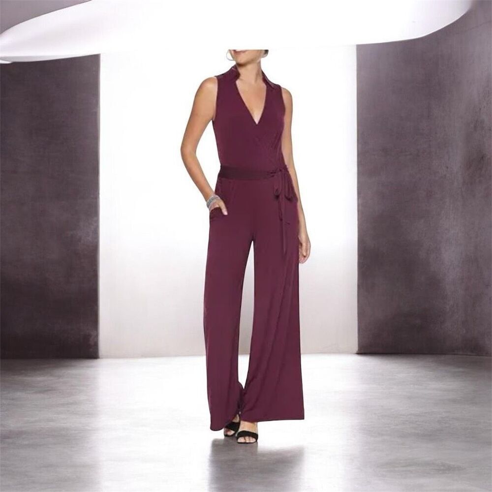 Nina Leonard Women Collared Sleeveless Surplice Wide-Leg Jumpsuit L